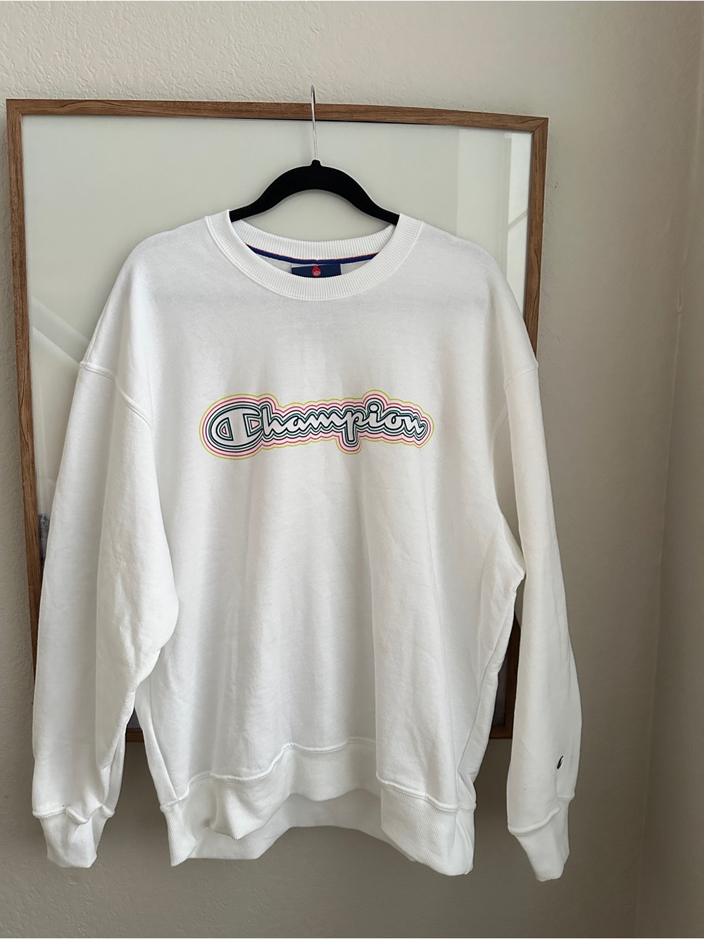 NWT Champion Powerblend Crewneck Sweatshirt Multicolor Rainbow Script XL
